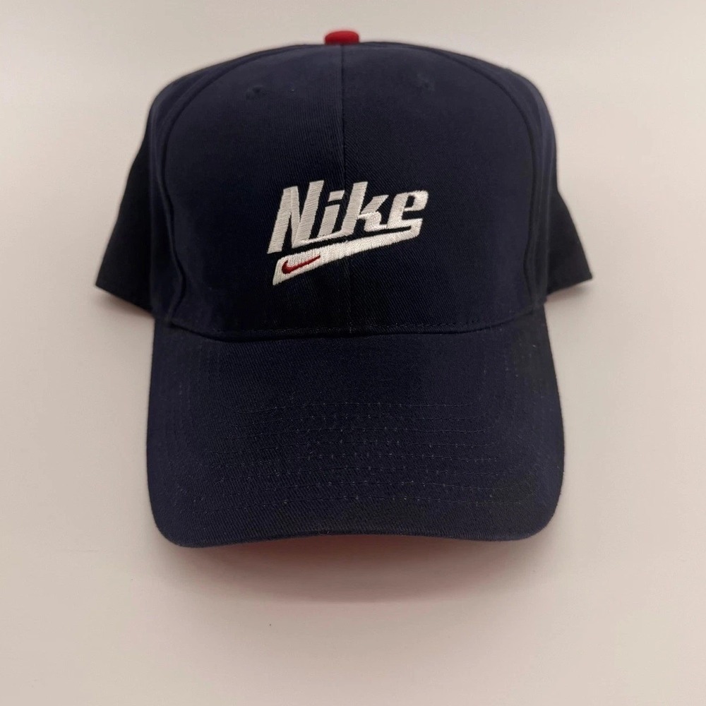 Vintage 90s Nike Script Logo Strapback Hat Navy Red Mini Swoosh Taiwan OSFA